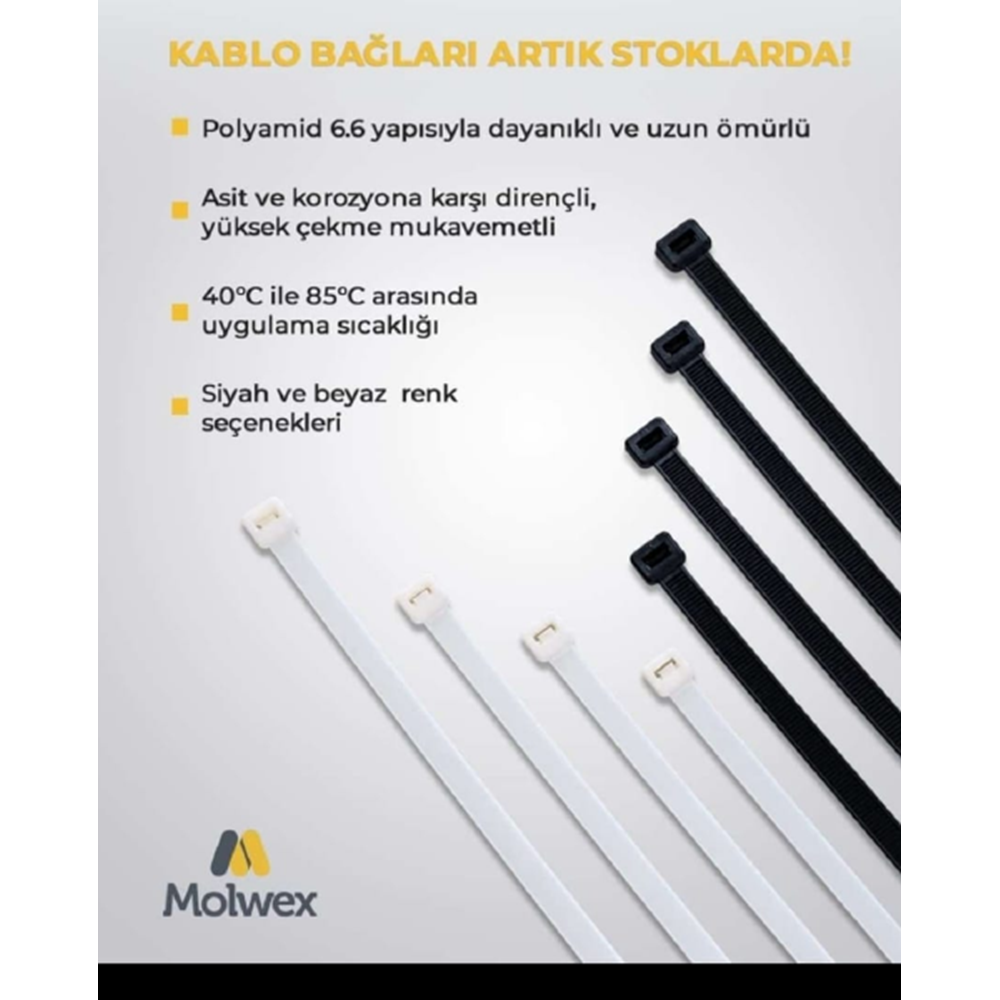 Molwex Plastik Kablo Bağı 100x2,5 mm (100 Adet) Beyaz