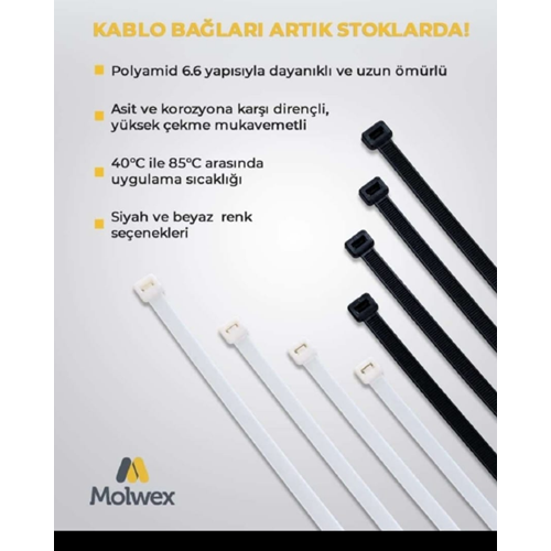 Molwex Plastik Kablo Bağı 250x3,6 mm (100 Adet) Beyaz